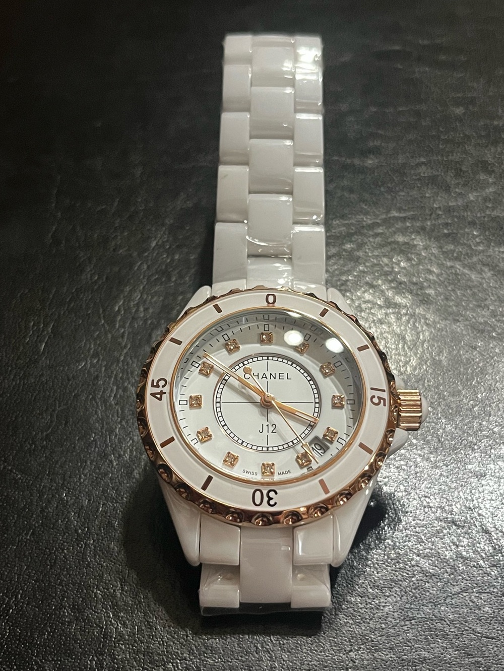 ChaneI J12 White Rose Gold Date Time Crystal Rhinestone Embellishment Watch